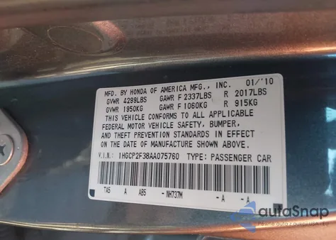 2010 Honda Accord 2.4 Lx z USA, uszkodzony, nr VIN 1HGCP2F38AA075760